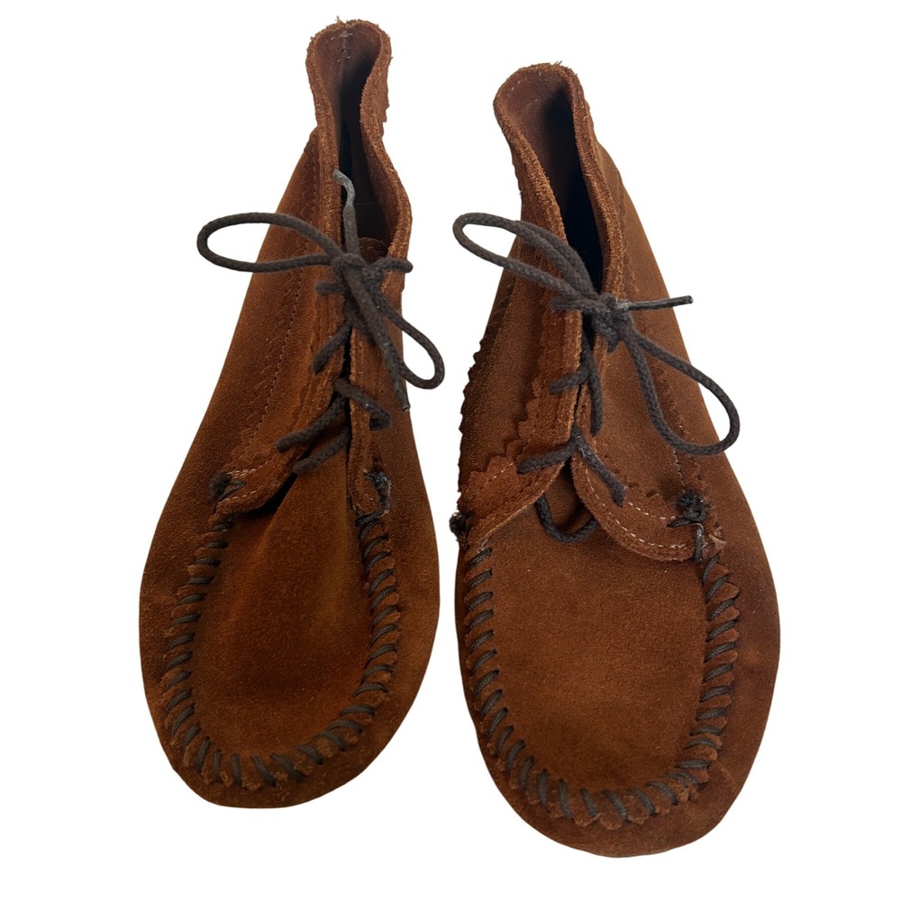 Minnetonka Suede Moccasin Boots Ankle Lace Up Brown Women Size 9 festival chic